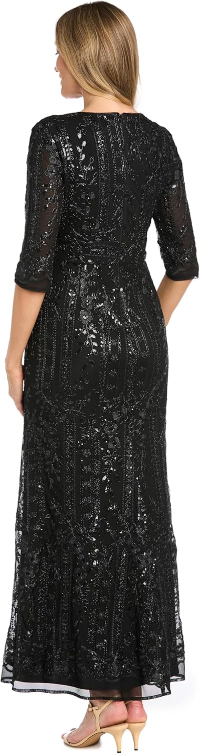 R&M Richards Women's Long Sequin Embellished Gown | Elegant V-Neck 3/4 Sleeve Dress | Cocktail Party & Special Occasions - Image 3