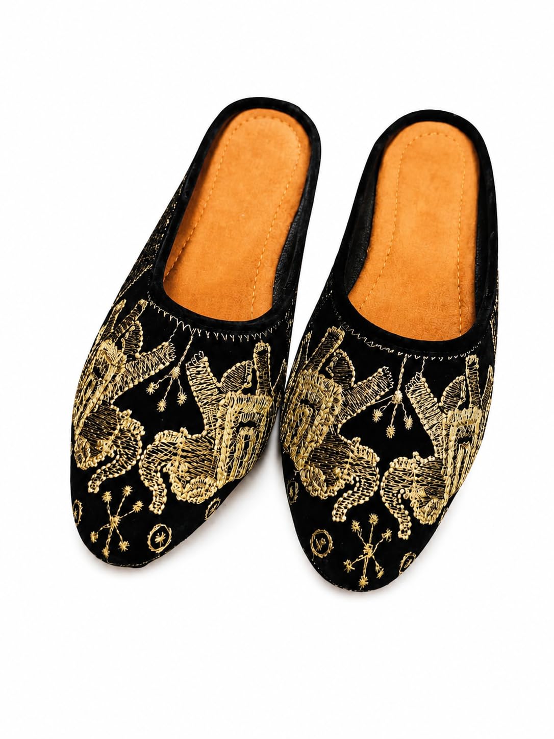 Women's Black Velvet Mule Jutti | Silver Zari Elephant Embroidery | Ethnic Slip-On Flats-image-9