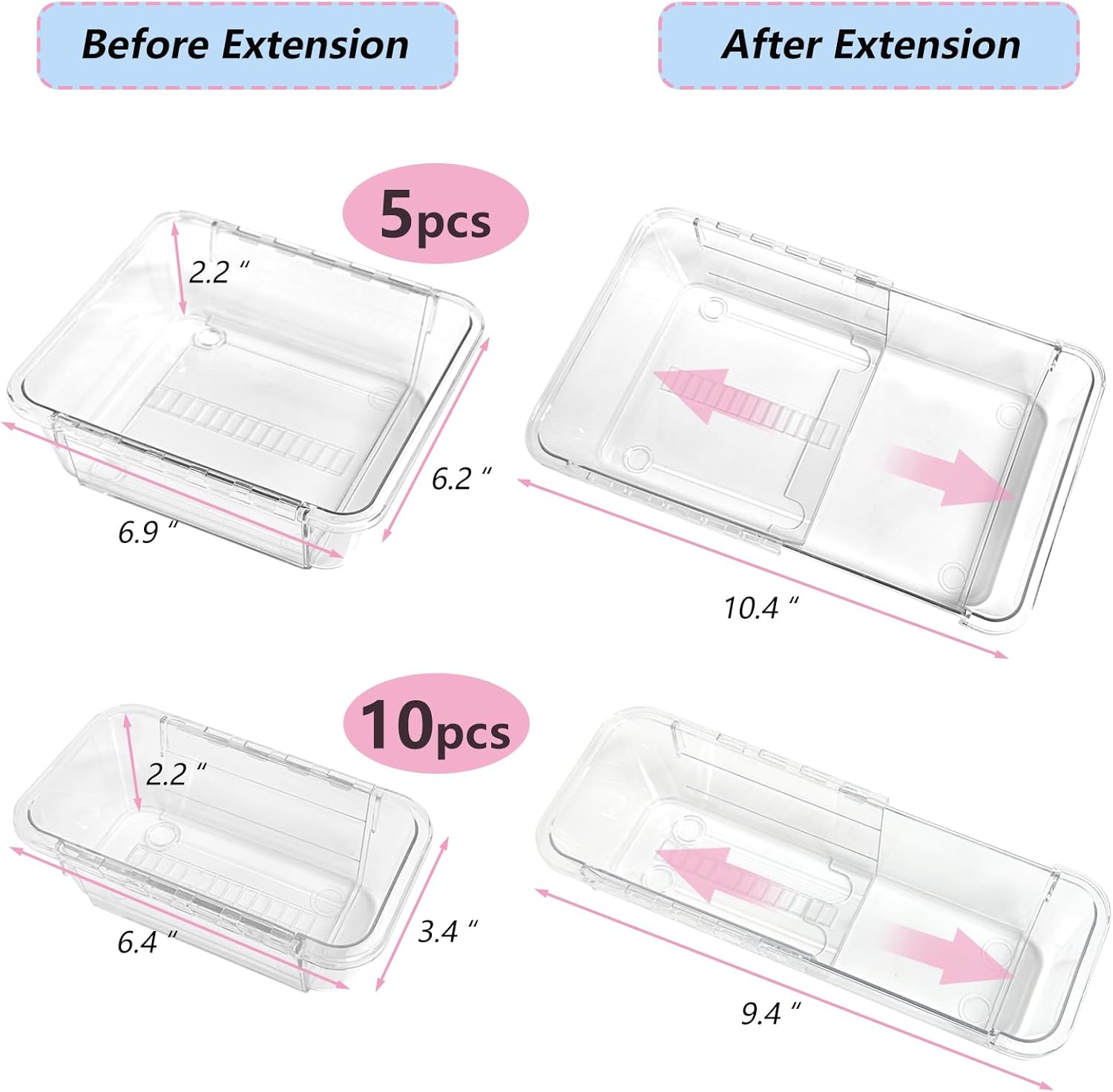 15 Pcs Extendable Clear Drawer Organizer Set,Adjustable Vanity Storage Box, 2-Size Desk Drawer Divider Organizer Trays, Storage Bin for Makeup, Cosmetic,Gadgets for Bathroom Bedroom Kitchen Office