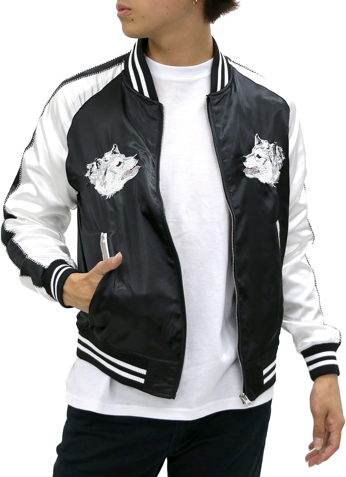 Men's Souvenir Jacket Sukajan Embroidered Bomber Jacket Wolf Mount Fuji