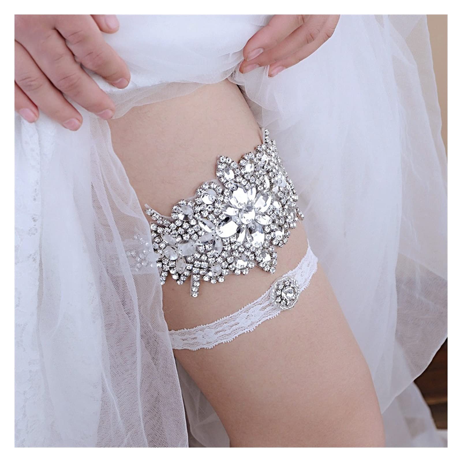 Conjunto de Liga de Encaje Hecho a Mano, Anillo de Muslo con Banda de Pierna de Diamantes de imitación, Liga de Mujer para Fiesta de Bodas (Color : Blanco) (Blanco) (Blanco)