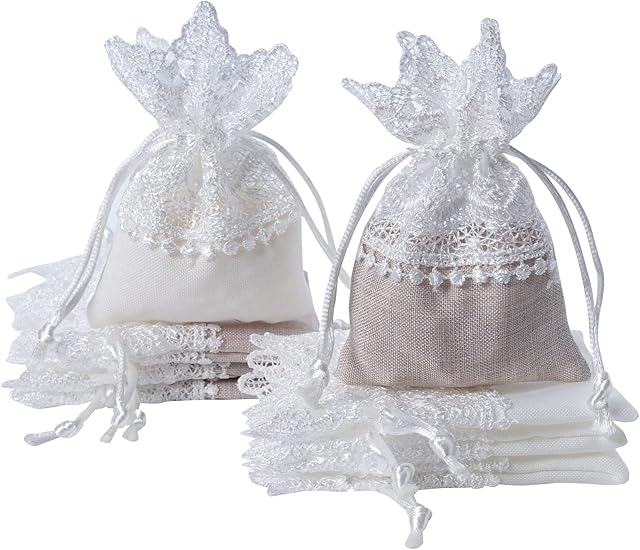 DoGeek 8 PCS Linen Drawstring Gift Bags Small Favour Bags Jewelry Pouches, Lace Cotton Storage Candy Favour Bag for Wedding Vintage Party Christmas Decoration (White & Beige, 10x8 CM) (10*8 CM)
