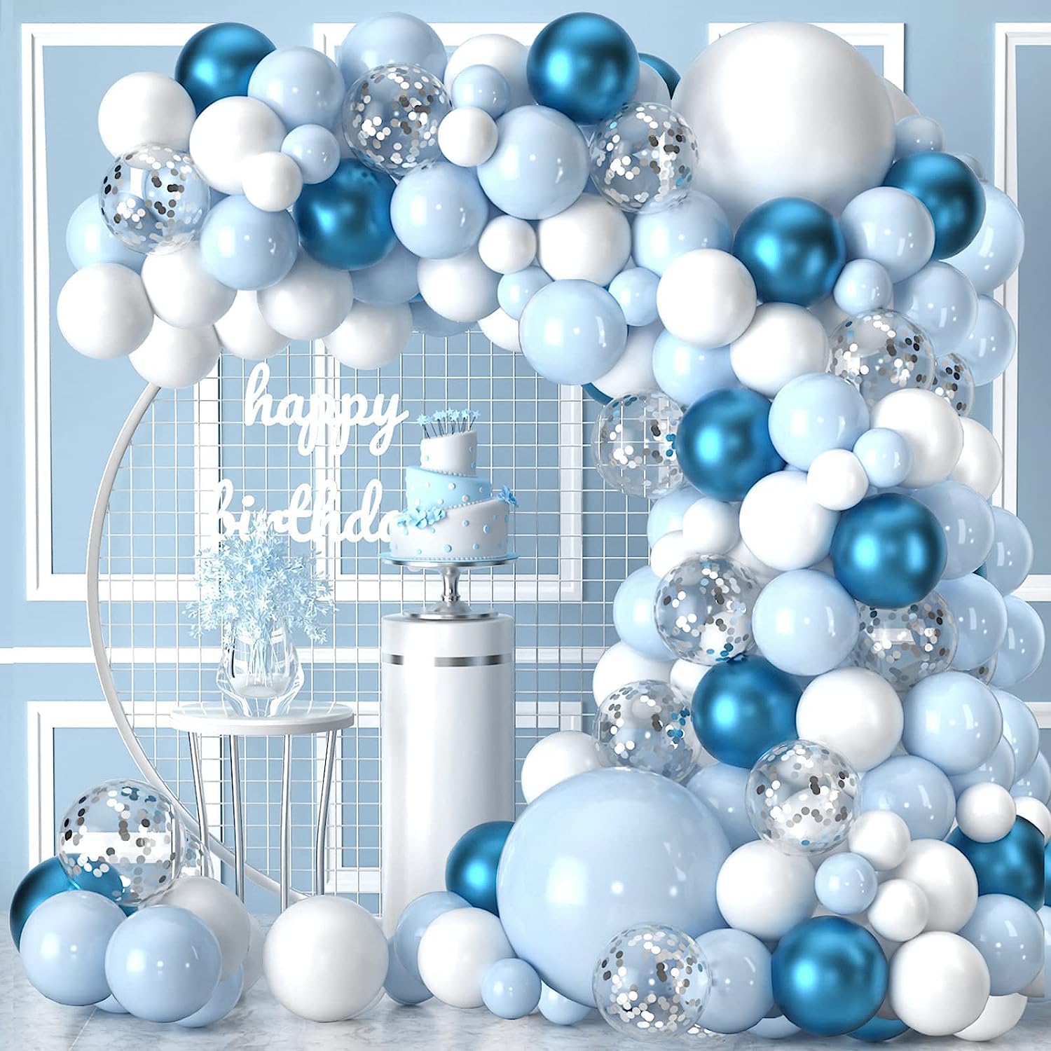FUNTE Blue Balloon Arch Kit 114Pcs Baby With And White Balloons, Metallic Sliver Balloons Shower For Wedding, Birthday Decorations Boys, Medium