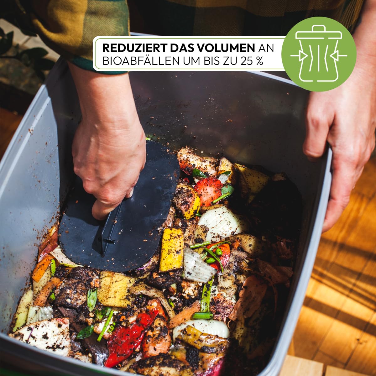 Skaza Bokashi Organko Biomülleimer Küche Set (2 x 16 Liter) – Komposteimer Küche und Garten – mit 1 Kg EM Fermentieren Aktivator (Grau-Grün)