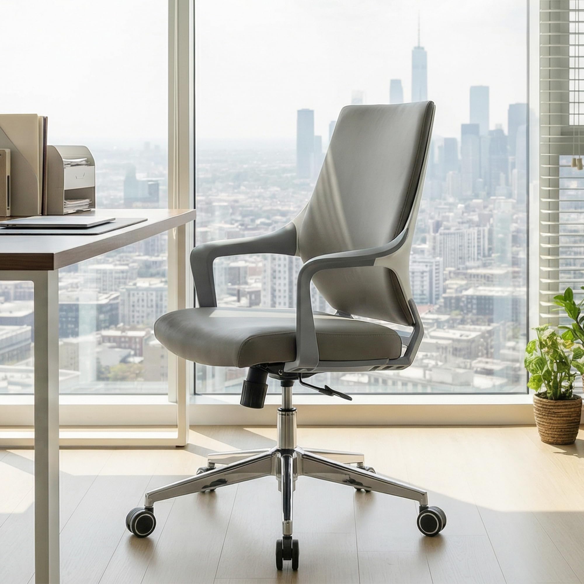 EUREKA ERGONOMIC Dorian Executive Office Chair with Curved Lumbar Support, Mid-Back Bonded Leather Desk Chair, Padded Armrests, PU and PP Material, Home Office Task Swivel Computer Armchair, Gray