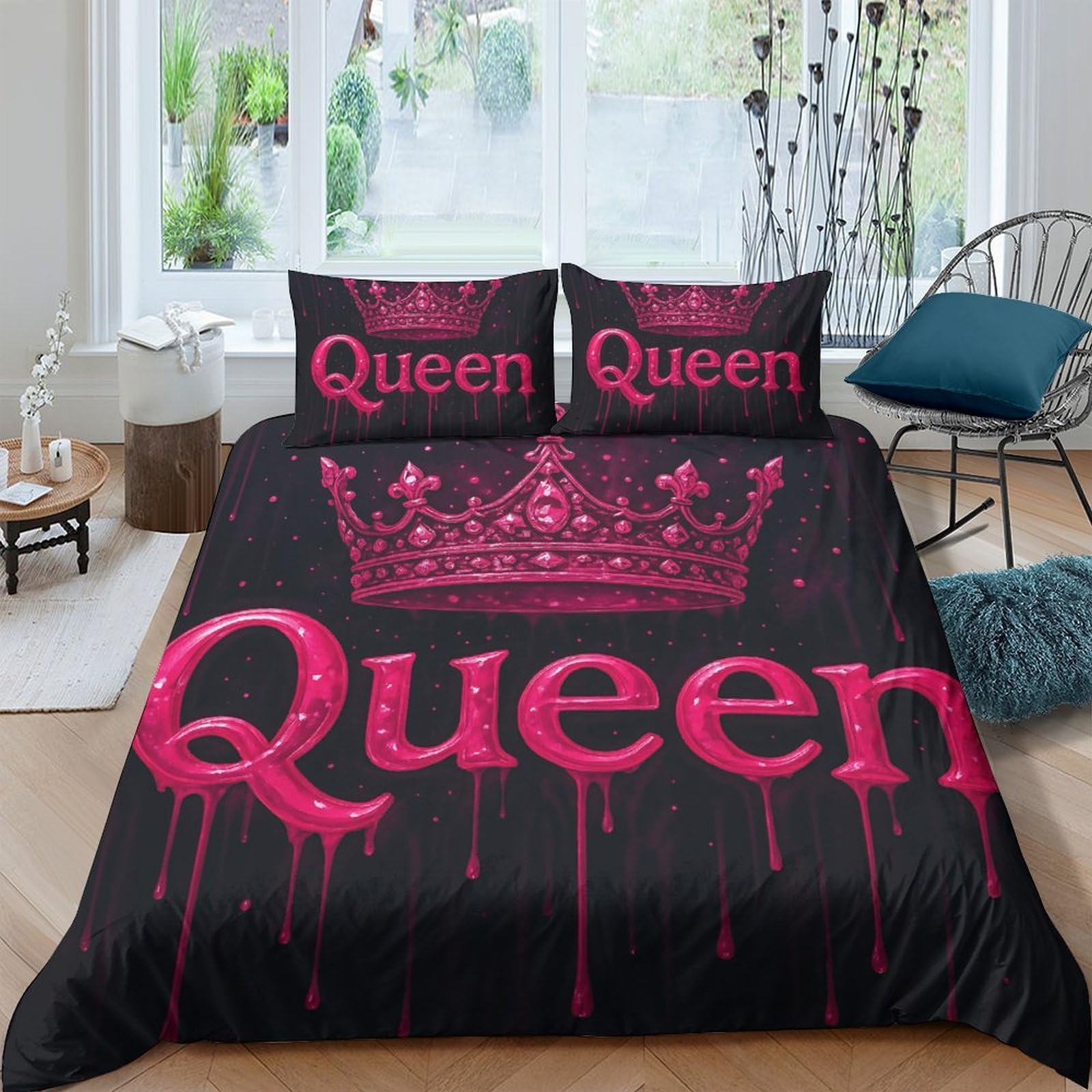 TUFRTGYHN 3D Printed Pink Crown Queen Duvet Cover Microfiber Soft Decorative Drip Lettering Bedding Set with 2 Pillowcases for Bedroom Single（135x200cm）