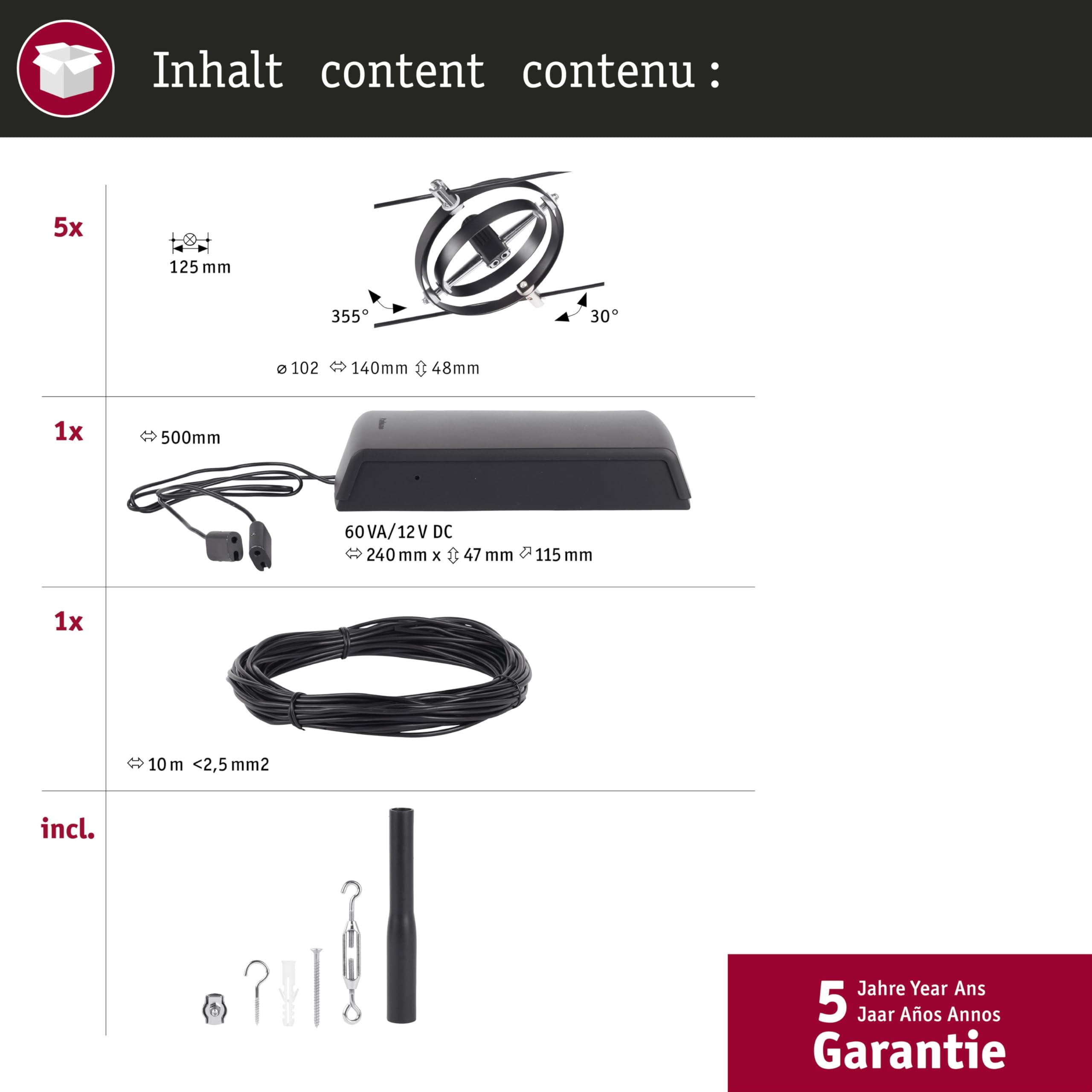 Paulmann 94440 Cardan DC - Sistema de luces LED (5 x 10 W, ampliable, cable de alambre de plástico, GU5,3), color negro mate