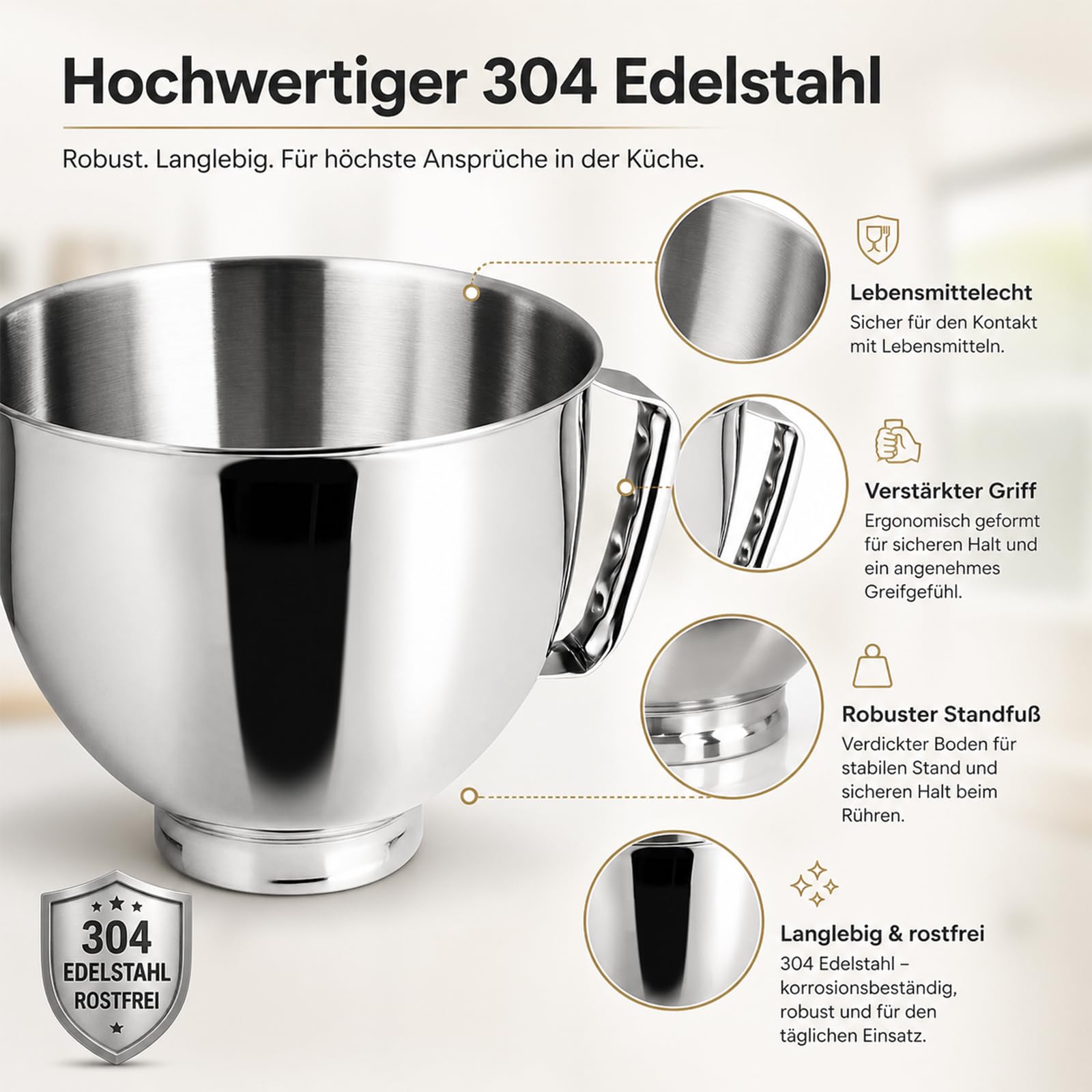Miska miksera ze stali nierdzewnej, kompatybilna z KItchen AID 4,5-5 Quart, miska do mieszania ze stali nierdzewnej, z uchwytem, nadaje się do mycia w zmywarce, zamiennik do robota kuchennego