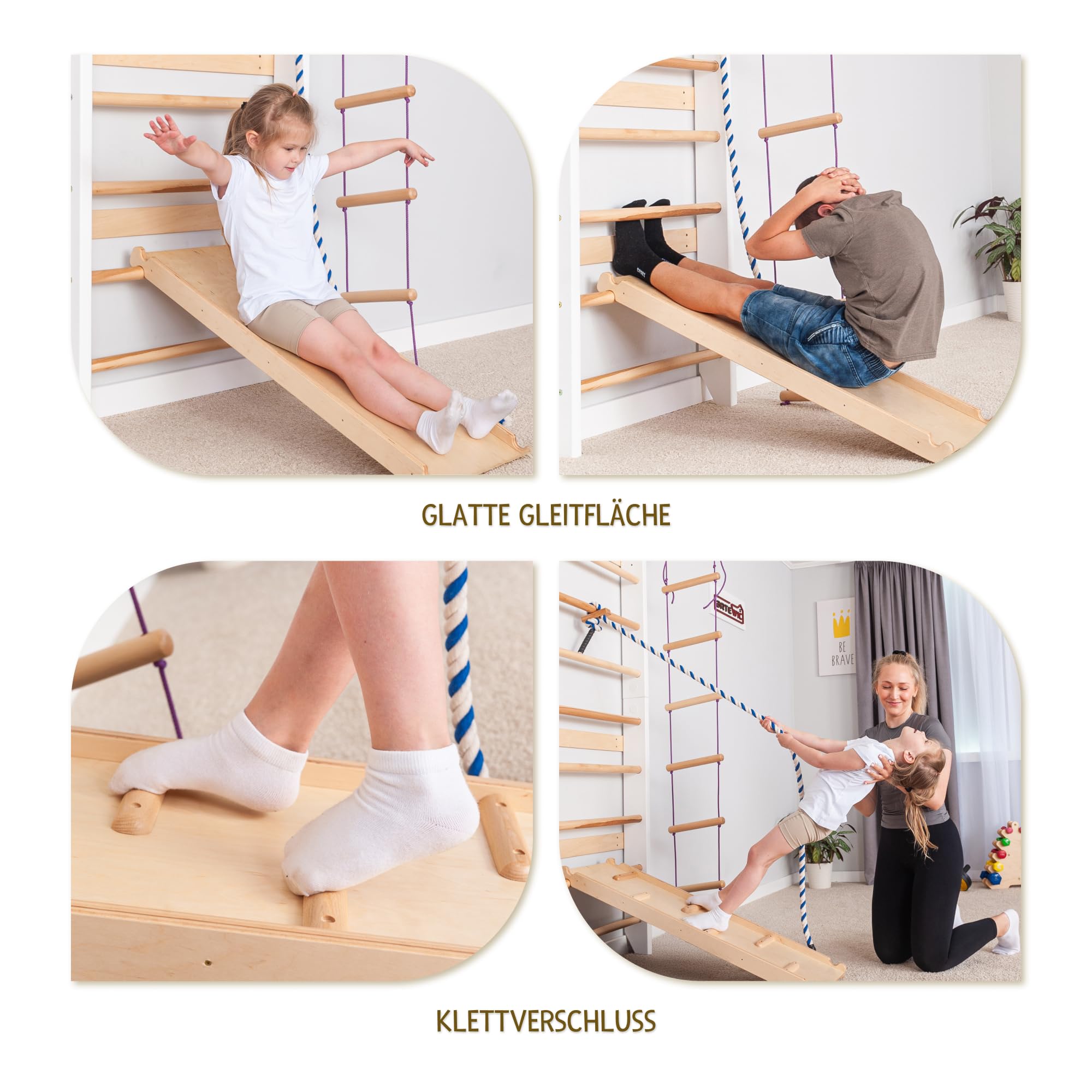 Sprossenwand Holz mit Rutsche & Schaukel - Indoor Klettergerüst für Kinder & Erwachsene - Turnwand mit Kletterbrett & Zubehör - Massiv bis 150kg (Weiß)