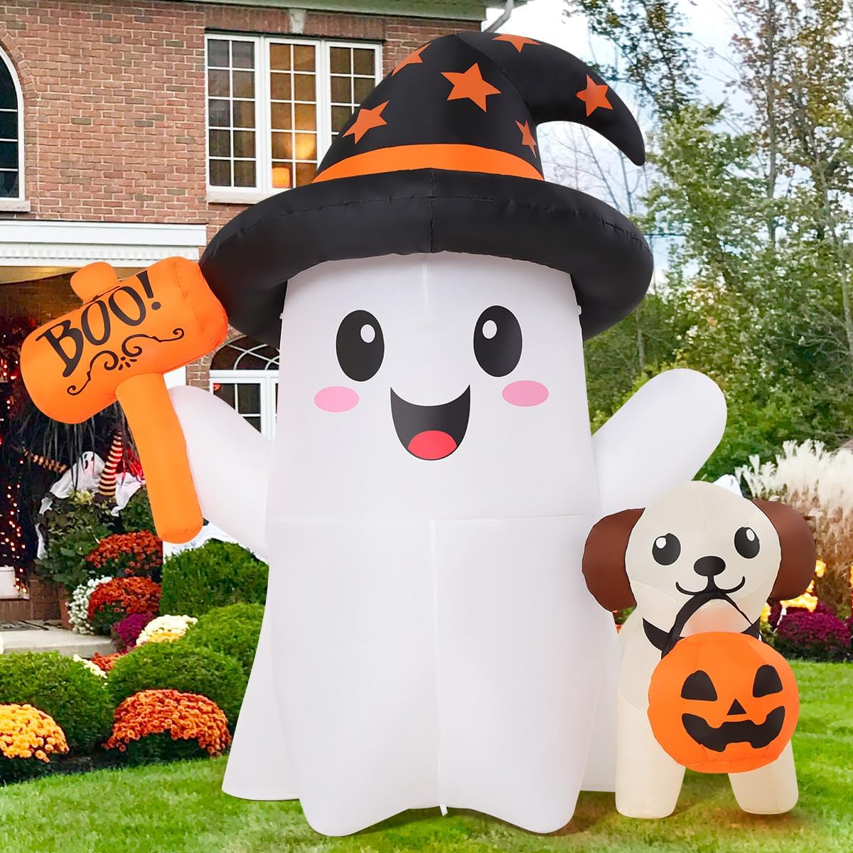 GOOSH 5 FT Halloween Inflatables Ghost Outdoor Decorations Blow Up Cute Ghost and Puppy with Hand-Held Light with Built-in LEDs for Halloween Garden Lawn Party Decor