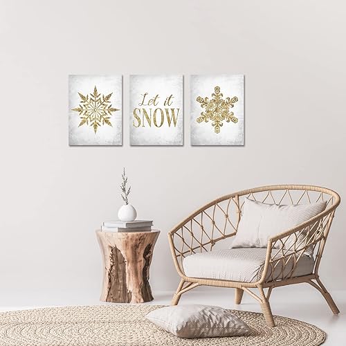 Miniatura 2 de sechars 3 piezas de lienzo de invierno para pared, arte moderno con copos de nieve dorados, impresiones artísticas de citas de vida sencilla, póster