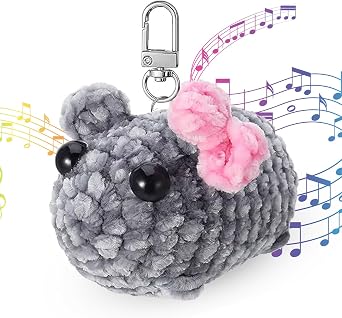 Sad Hamster Keychain - Knitted Plush With Sound and Bow - Cute Keyring