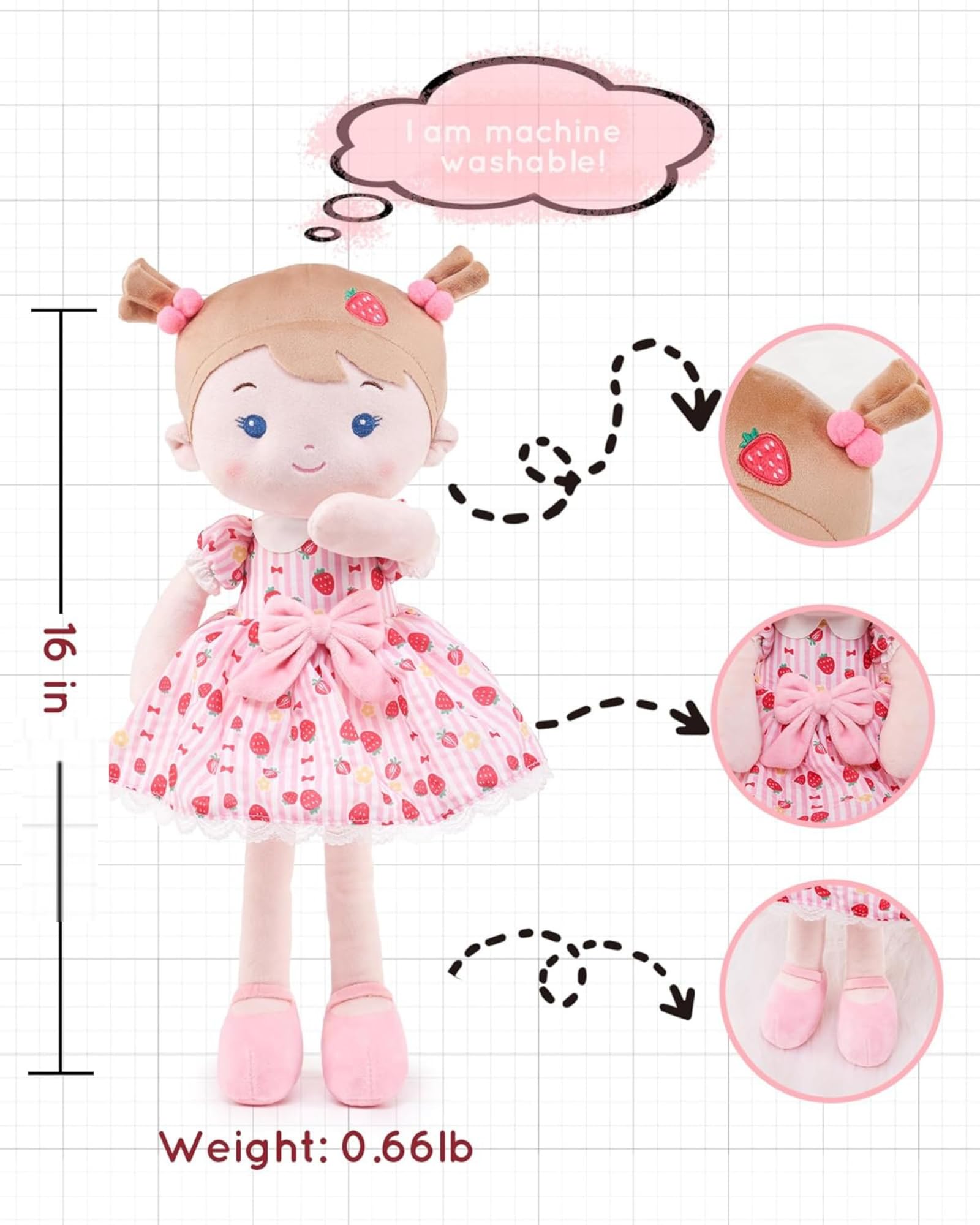 LeyaDoll Muñeca Suave (16 Pulgadas), mi Primera muñeca de Trapo para el Regalo de cumpleaños de una niña de 1 año, Regalo de Bautizo y Navidad para niña y bebé，niños pequeños -Strawberry