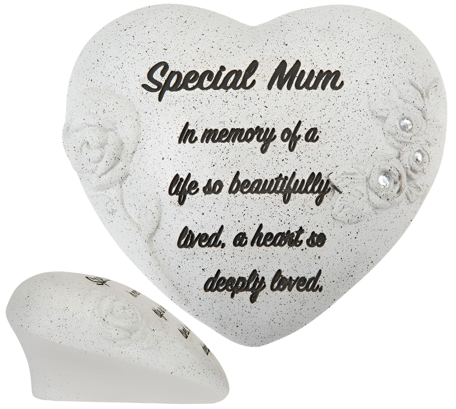 Special Mum Memorial Heart Ornament with Diamantes & Embossed Roses – Graveside Grave Decoration, Cemetery Ornament, Sympathy Gift for Mum – Funeral Remembrance Tribute Stone Effect Keepsake