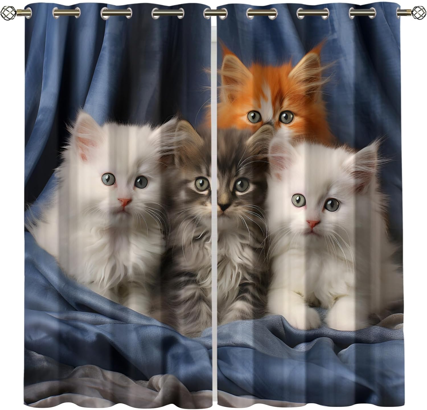 Cat Black Out Curtains, Cute Kitten Curtains 63 inch Length 2 Panel, Cat Lover Curtains for Bedroom, Kawaii Animal Thermal Curtains for Kitchen Windows Drapes