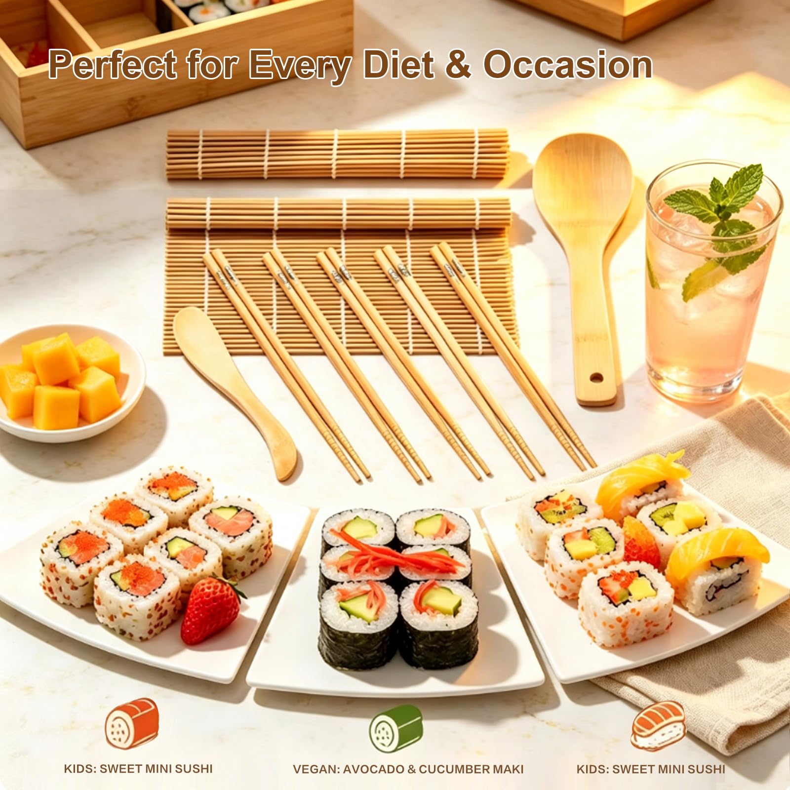 Bamboo Sushi Making Kit for Beginners, 9 Piece Sushi Rolling Mat Set with Chopsticks, Traditional Sushi Roller Kit & Sushi Maker, Cooking Kit for Adults, Family DIY & Date Night Gift