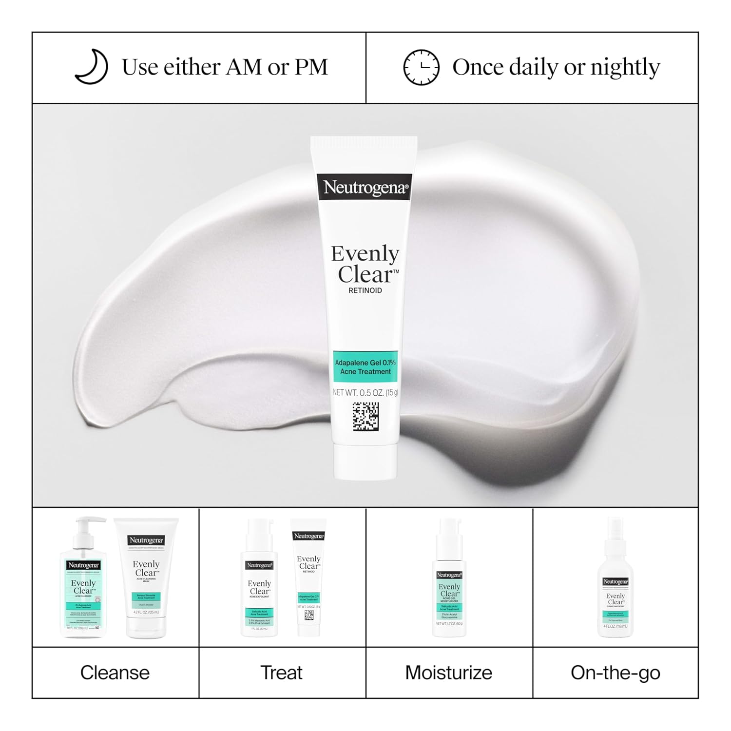 Neutrogena Evenly Clear Retinoid Adapalene Gel 0.1% Acne Spot Treatment, Once-Daily Topical Retinoid Helps Clear Breakouts & Visible Improvement in the Appearance of Post-Acne Mark, 0.5 oz - Image 6
