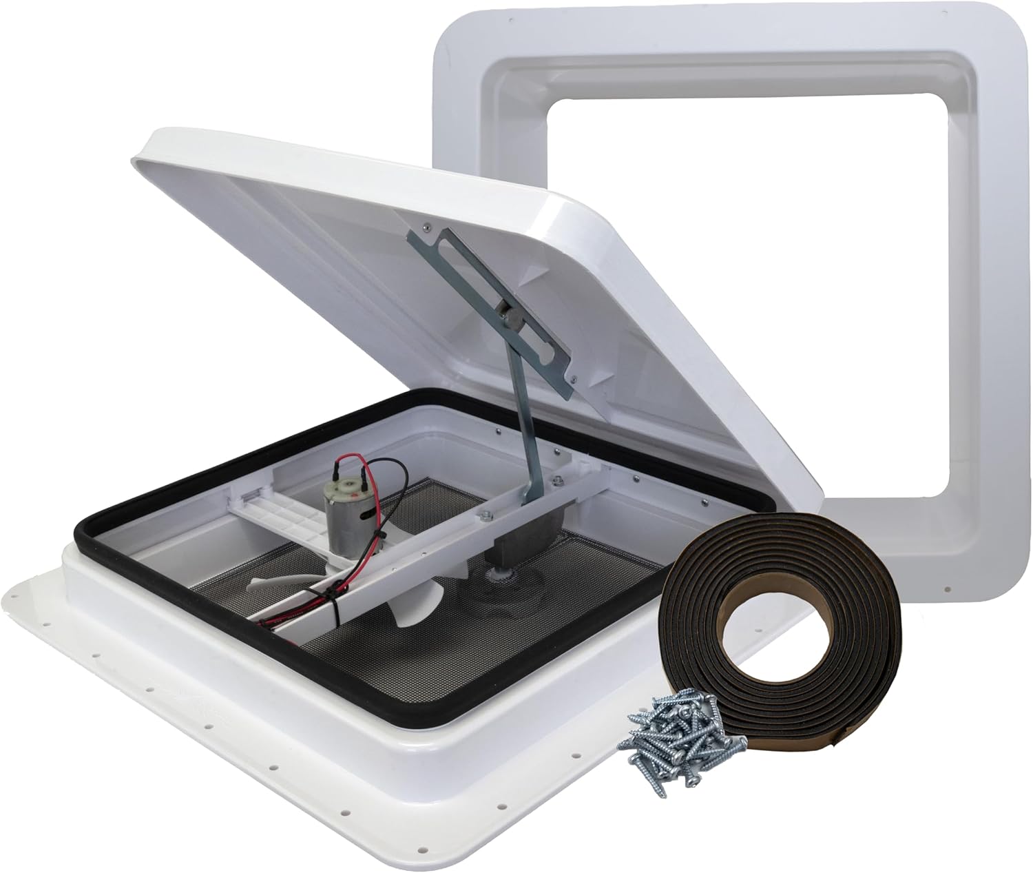 classAcustoms 81112-1GPS | 14" RV Roof Vent | 1" Garnish Ring | 12 Volt Powered Fan | White Lid | Manual Crank | for RV's | Cargo Trailer | Camper and Motorhome (1" Garnish Ring Butyl & Screws)