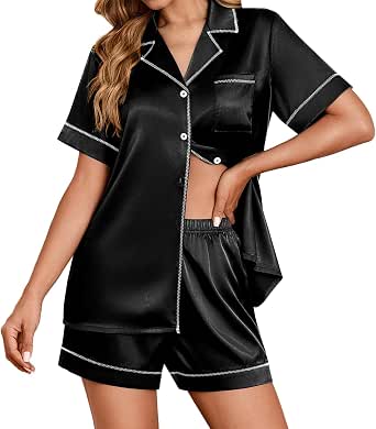 Vrtige Women's Satin Pajamas Set - Short Sleeve Button-Down Top & Elastic Shorts (Black, Large) - View #4