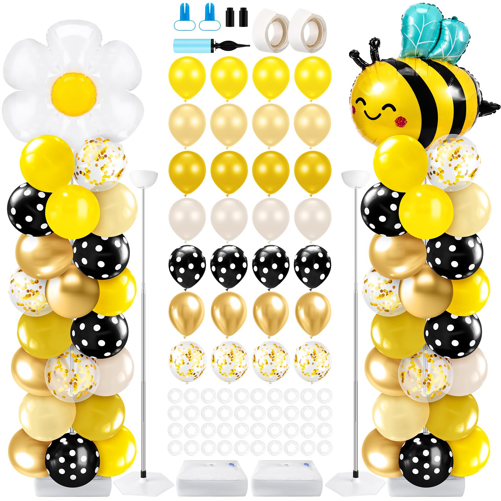 Kasyat 2 Sets Bee Theme Party Balloon Column Stand Kit with Bee Daisy Foil and 100 Latex Balloons, Adjustable Honeybee Balloon Stand Kit for Baby