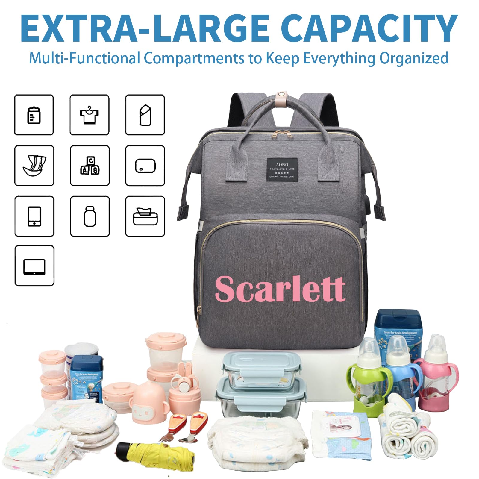 Personalisierte Wickelrucksäcke mit Wickelstation, großer Wickelrucksack mit Sonnenschutz und Spielzeugstange, Kinderwagenriemen und isolierten Flaschenfächern Babyparty-Suche, Geschenk zur Babyshower