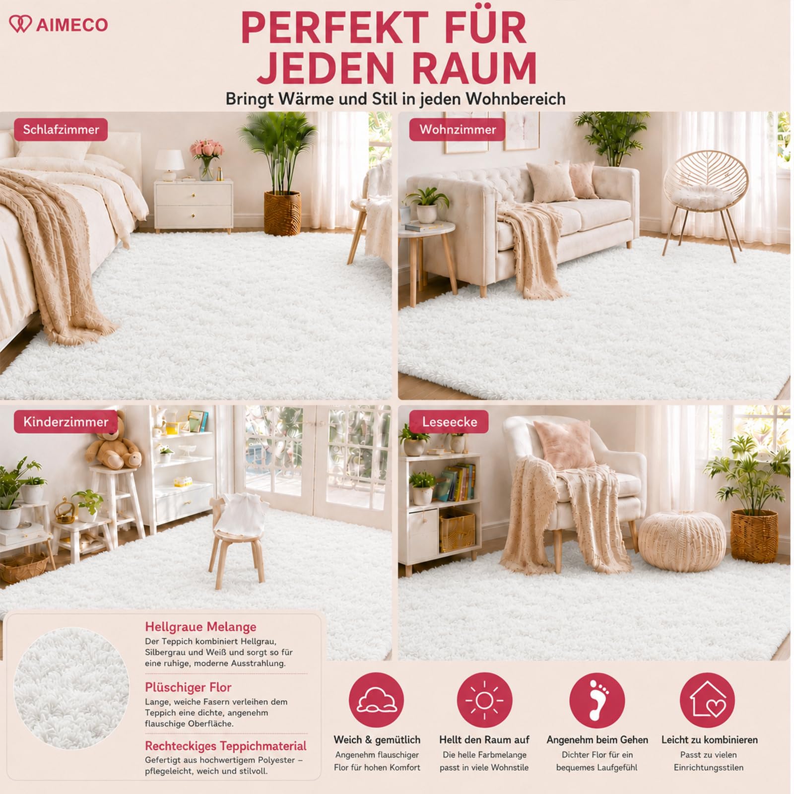 Weißer Langflor Teppich 140x200 cm – Waschbar, Antirutsch-Boden, Flauschig & Weich Hochflor Kuschelteppich für Wohnzimmer, Schlafzimmer & Kinderzimmer – Ideal für Kinder & Haustiere