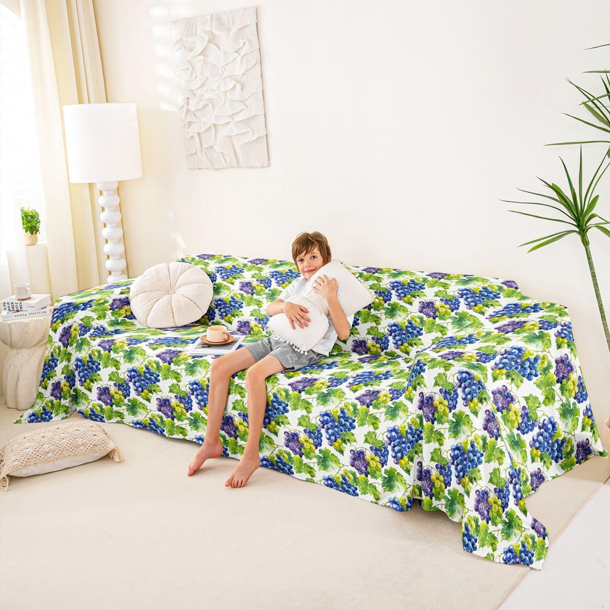 Homewish Blaue Ästhetisch Ernte Weintrauben Sofaüberzug 231x340 | Jungen Mädchen Couch Überwurfdecke Grüne Blätter Sofa Cover für Wohnzimmer Trendig Sofahusse für Hunde Haustiere 3 4 Sitzer