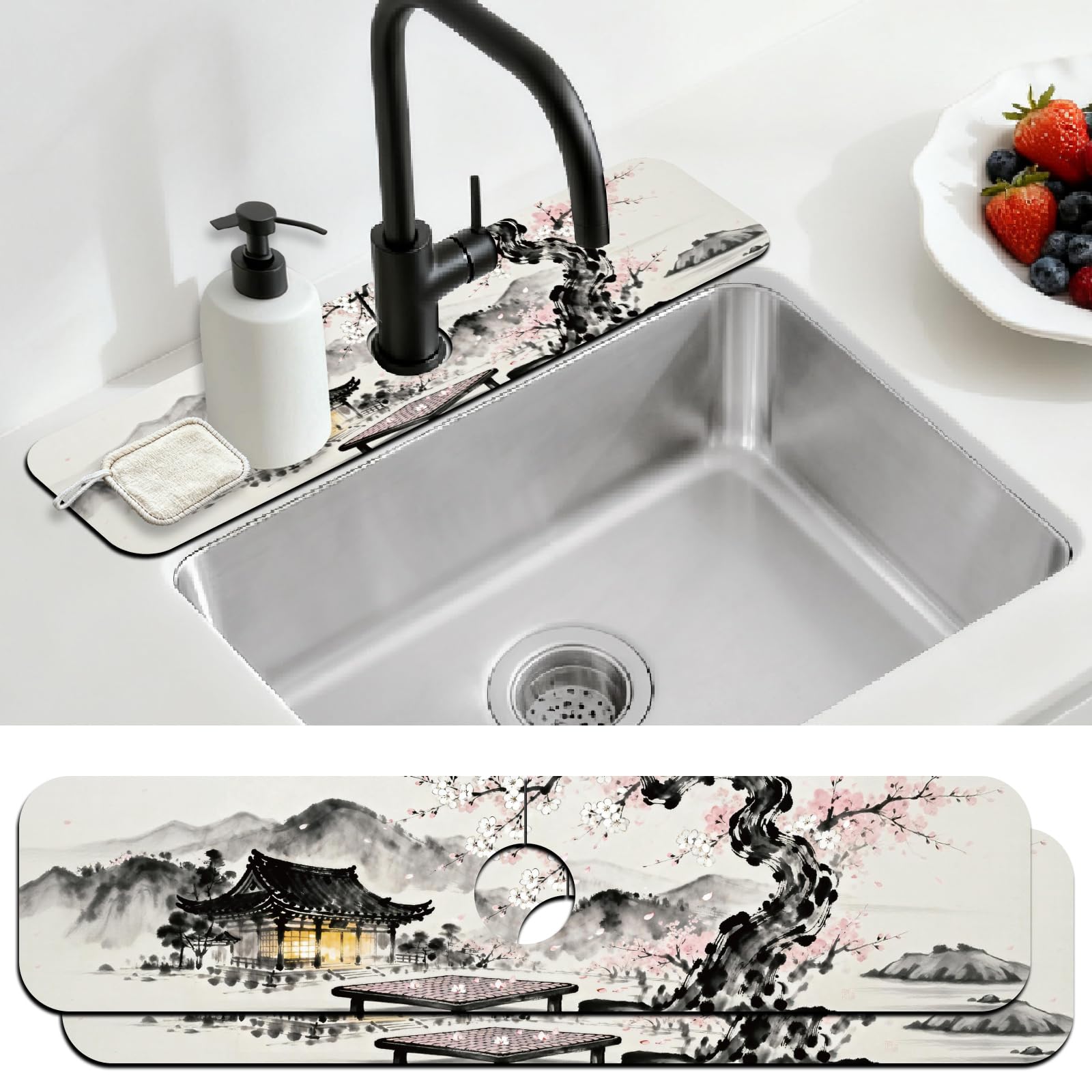 CONCHLERY 2 Pcs Kitchen Sink Splash Guard Faucet Mat Chinese Style Faucet Mat for Sinks Ink Painting Absorbing Drying Mats for Kitchen Bathroom, 23.6x5.5inch
