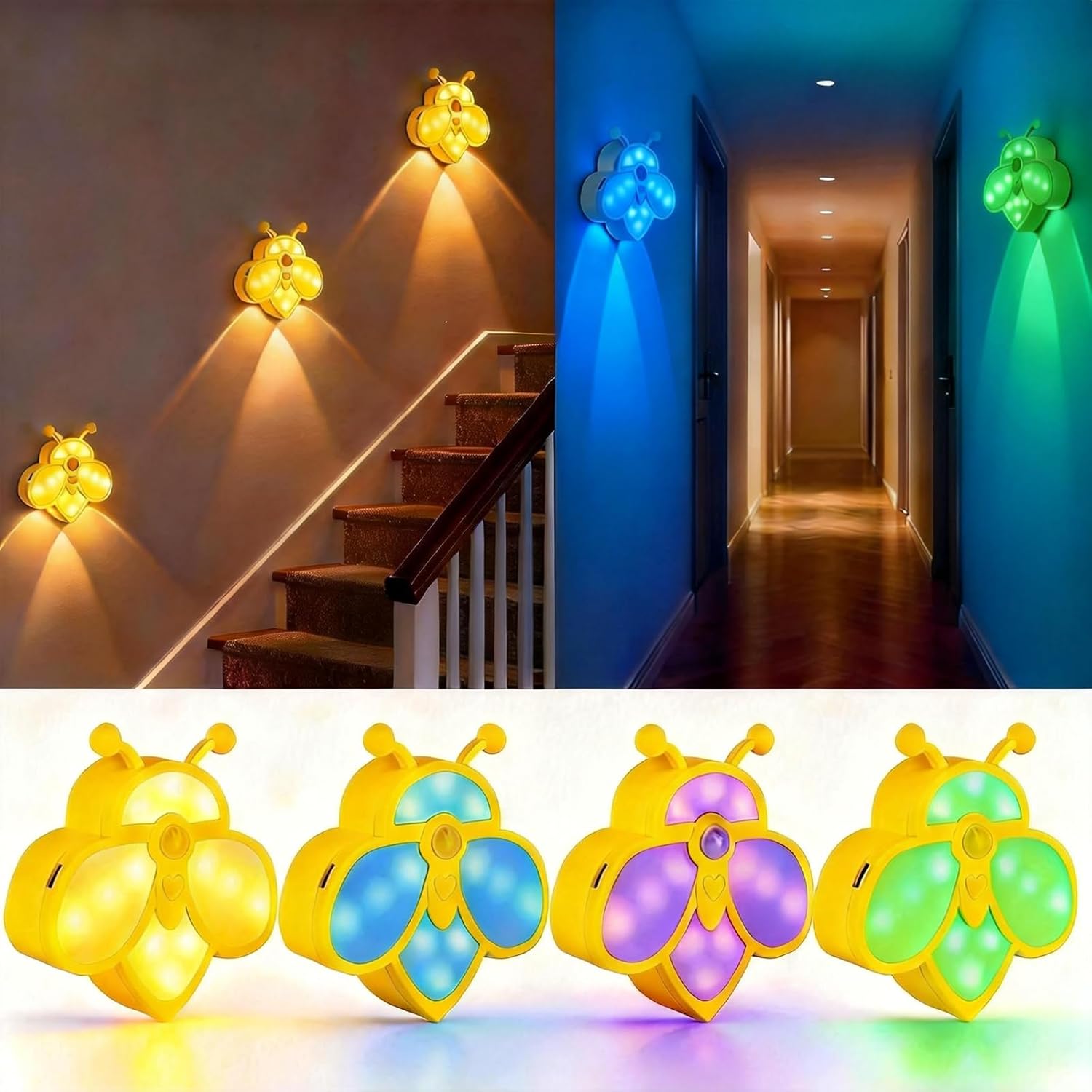 Motion Sensor Stair Lights Indoor - Rechargeable Dimmable RGBW & Warm White Night Light, Magnetic Mount Motion Activated Battery Lamp for Step Hallway Bathroom Cabinet Closet(Yellow, 4 Pack)