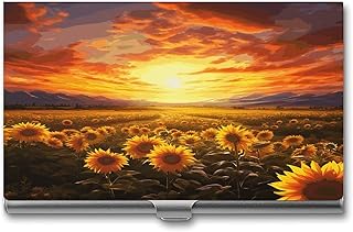 Dreamlike Sunset Of A Sunflower Field Business Card Holder with Ultra Slim Flip Cover Buckle Style Shut Professional Credit Card ID Case Aluminum Alloy Business Card Case for Women Men