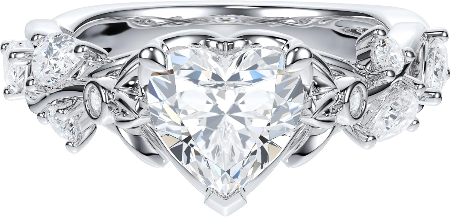 THELANDA Sterling Silver Genuine Moissanite 1.2 CT Heart Shape Engagement Ring Nature Inspired Twisted Vine Floral Design Promise Bridal Ring for Women