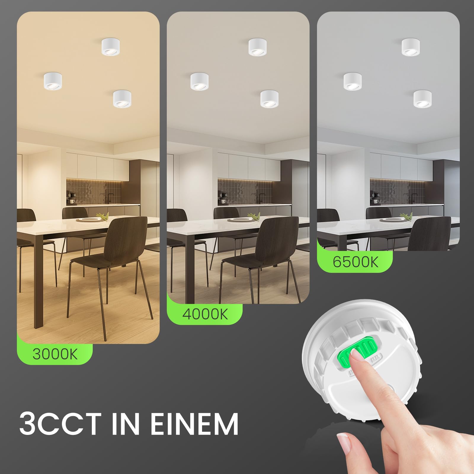 ALUSSO LED Aufbauspot Weiß, 6W 540LM Dimmbar, 3er-Pack 3CCT Deckenspots