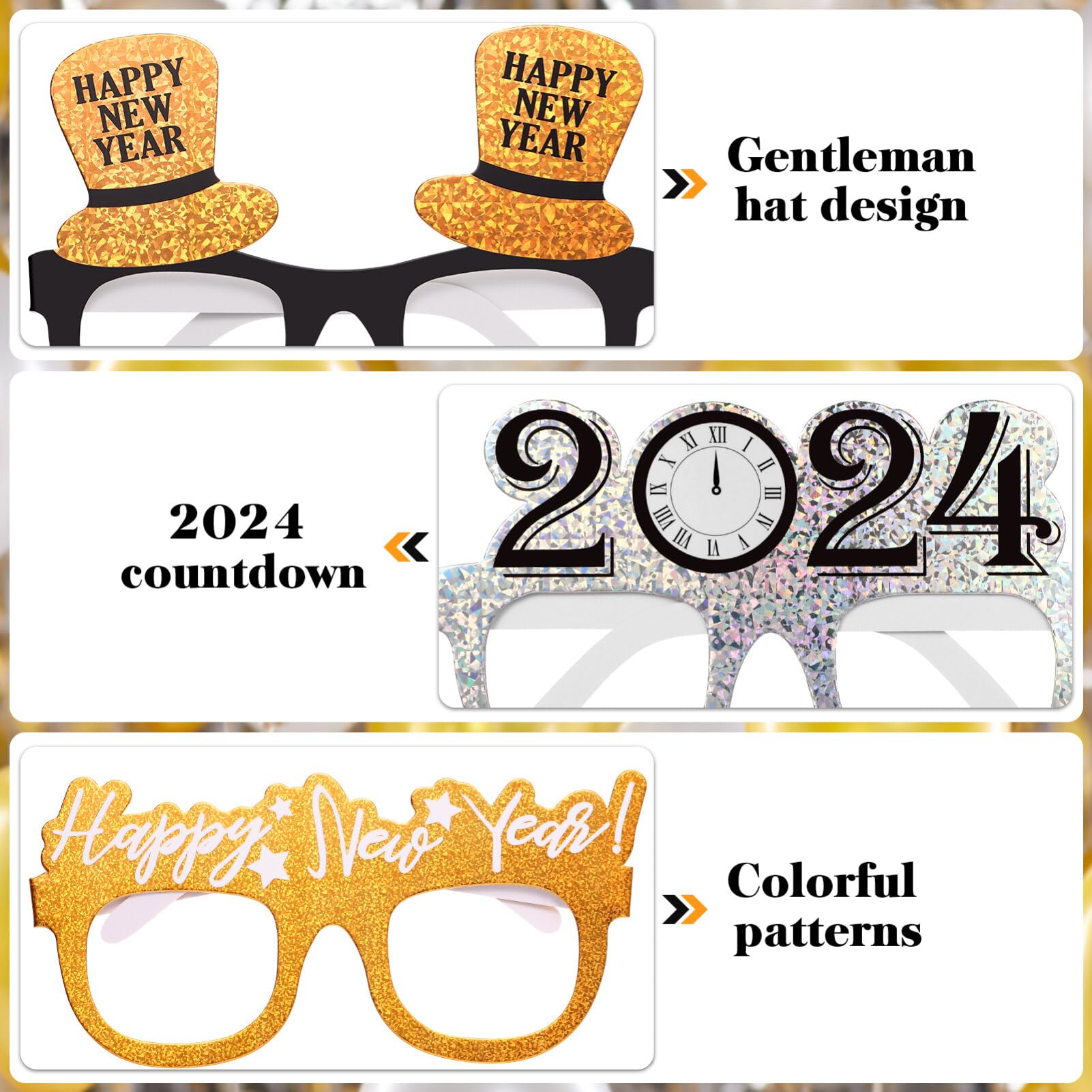 Unomor 9pcs Happy New Year 2024 New Years Eve Party Eyeglasses Photography Glasses Props Paper Glasses