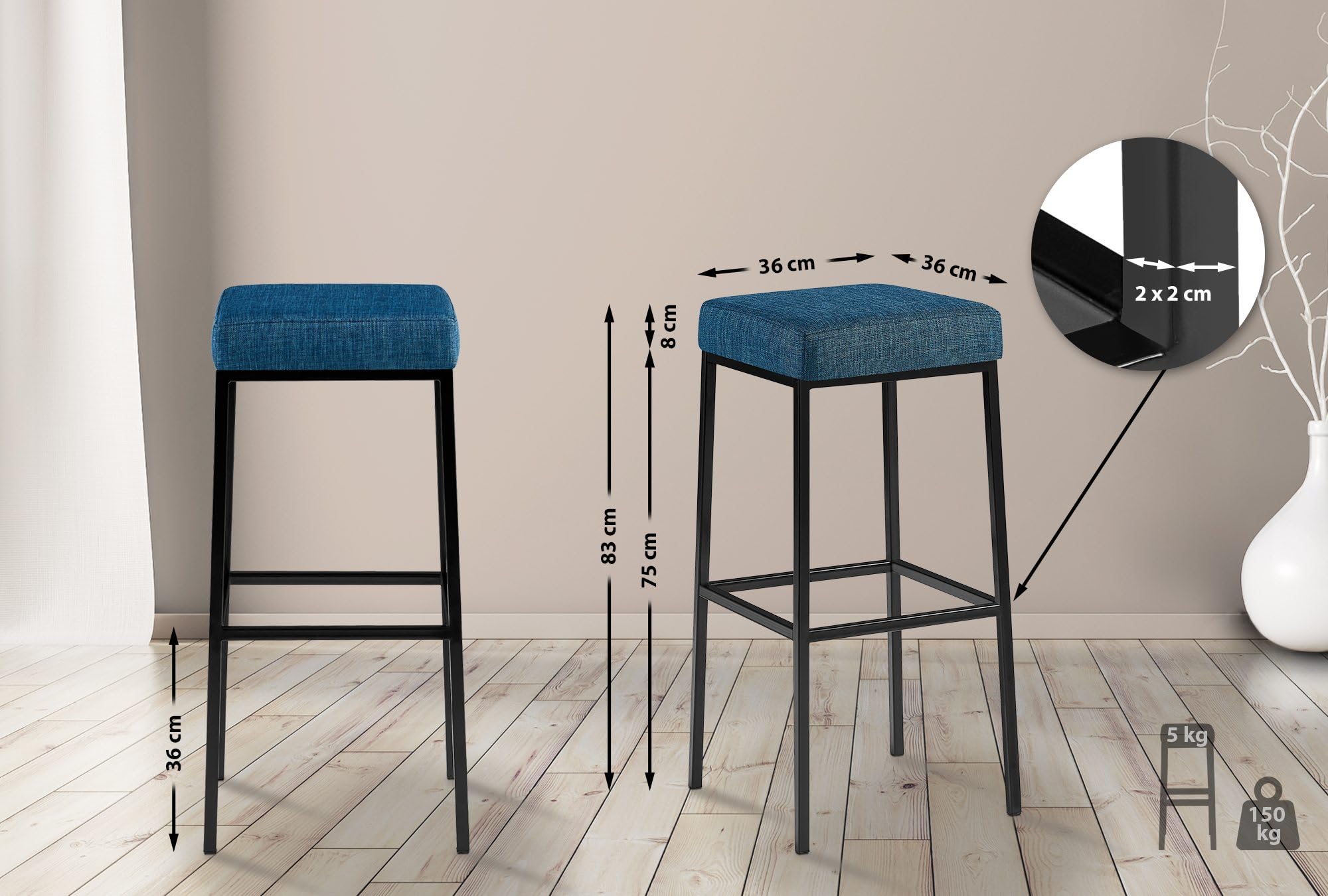 Set 2 Sgabelli Bar Senza Schienale Montreal in Stoffa I Sgabelli Quadrati Bancone Imbottiti Base in Acciaio Inox Alt 80 CM, Colore:Blu, Colore del Telaio:Nero
