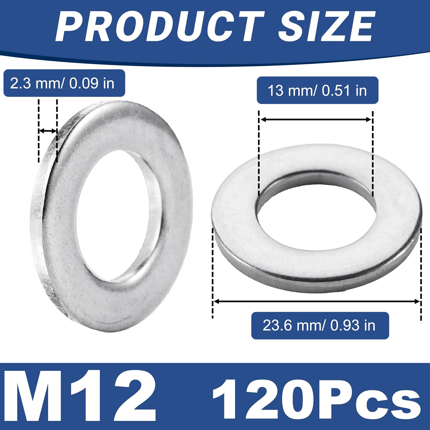 120 Pcs M12 Flat Washer Stainless, 0.93" Outside Diameter, 0.09" Thickness, Stainless Steel Washers Flat, Aperture is Also Suitable for 1/2" Bolts (120, M12)