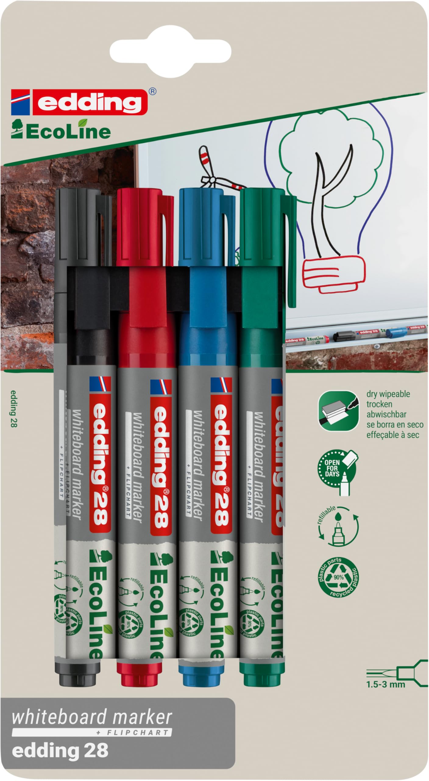 Black, Red, Blue, Green - Set Of 4 Whiteboard Pens - Round Nib 1.5-3 Mm