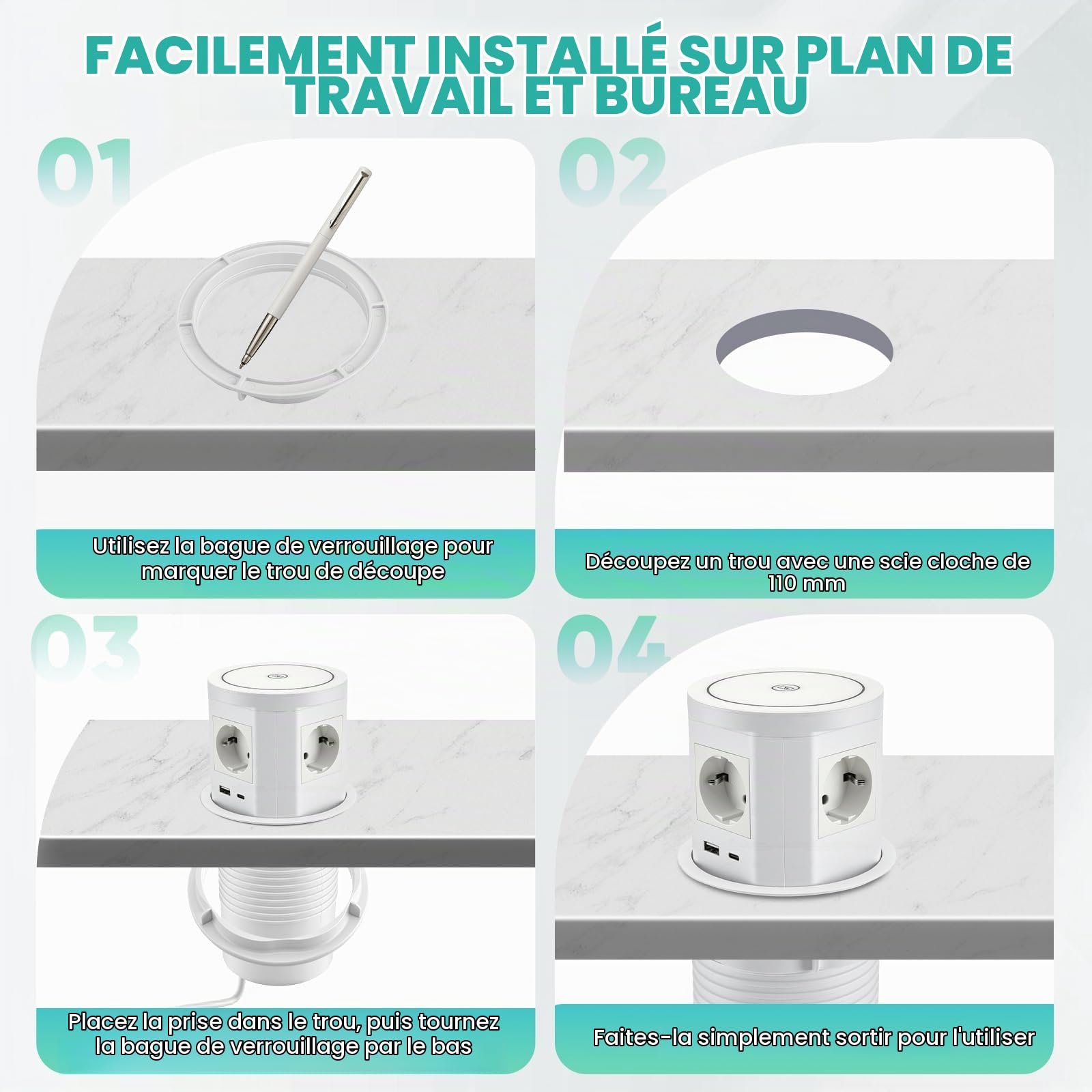 Multiprise de Table Rétractable 9 en 1, Prise Encastrée avec USB-C PD 75 W, Multiprise 4 Prises avec Charge sans Fil 15 W, Prise de Table Rétractable pour Plan de Travail, Bureau (Blanc)