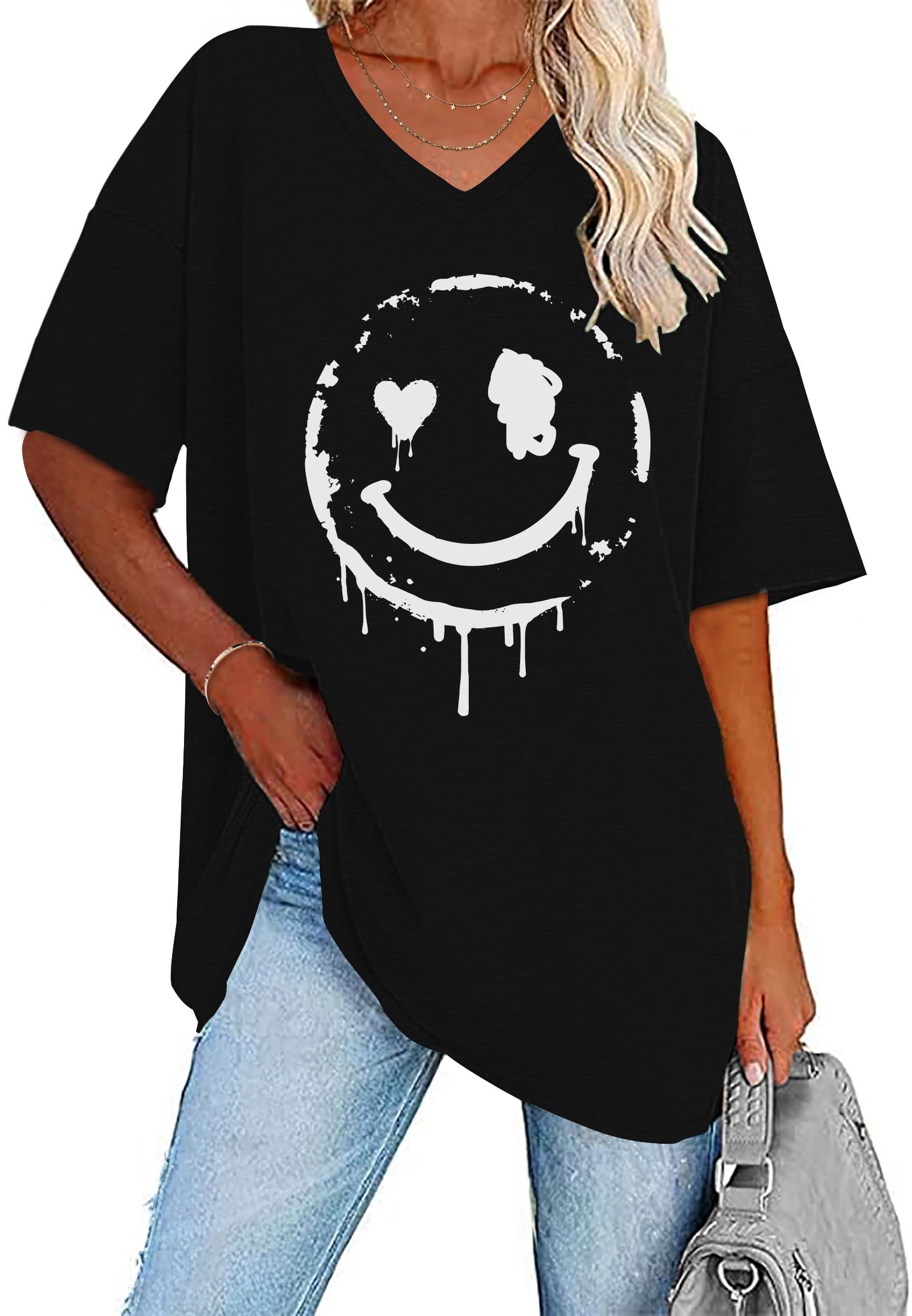 WNEEDU T-Shirt Damen Sommer Oversize Shirt Kurzarm V Ausschnitt Oberteile lässiges Top