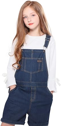 SOLOCOTE GirlVintage Wash Denim Pinafore with Adjustable Straps Jumpsuit Suspender Shortall Bib Pocket 5-14Y