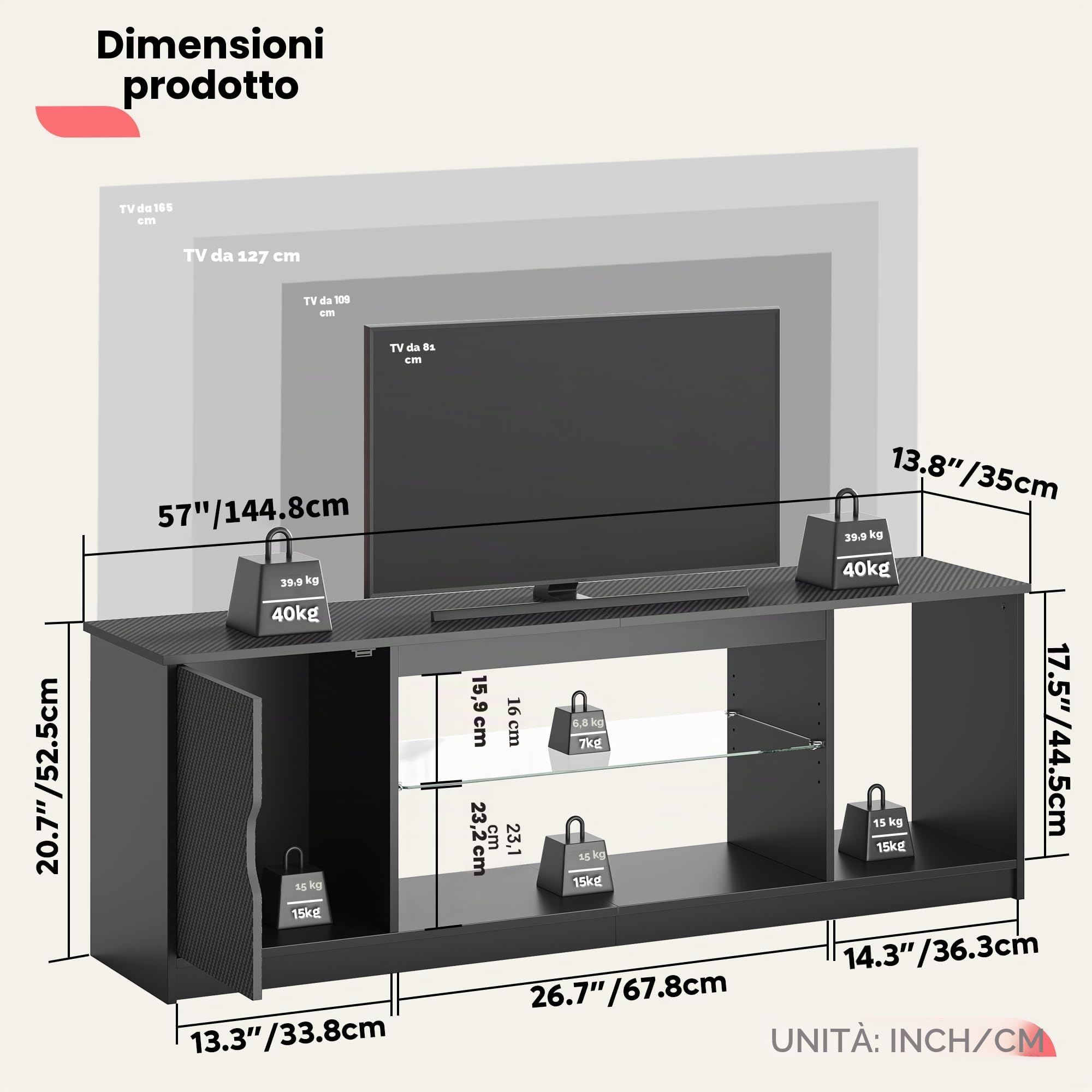 Bestier Mobile TV basso per TV da 65 pollici e piccoli televisori, 145 x 35 x 52 cm, con luci LED RGB & ripiani in vetro regolabili per soggiorno, camera da letto