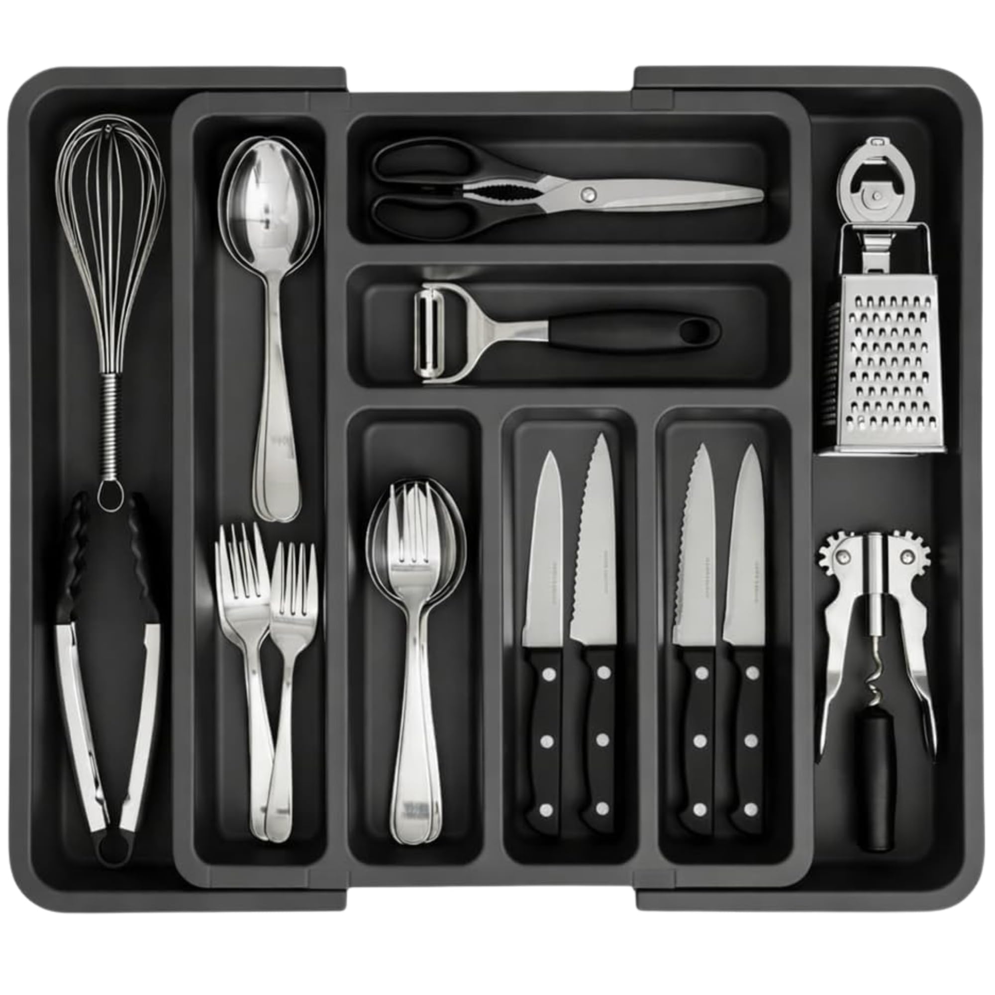 Edihome, Besteckkasten für Schubla, Besteckeinsatz für Schubladen, Küchenschubladen Organizer, erweiterbare Besteckschublade Einsatz, 6 bis 8 Fächern, no BPA, Küchenutensilien, Verstellbar (Grau)