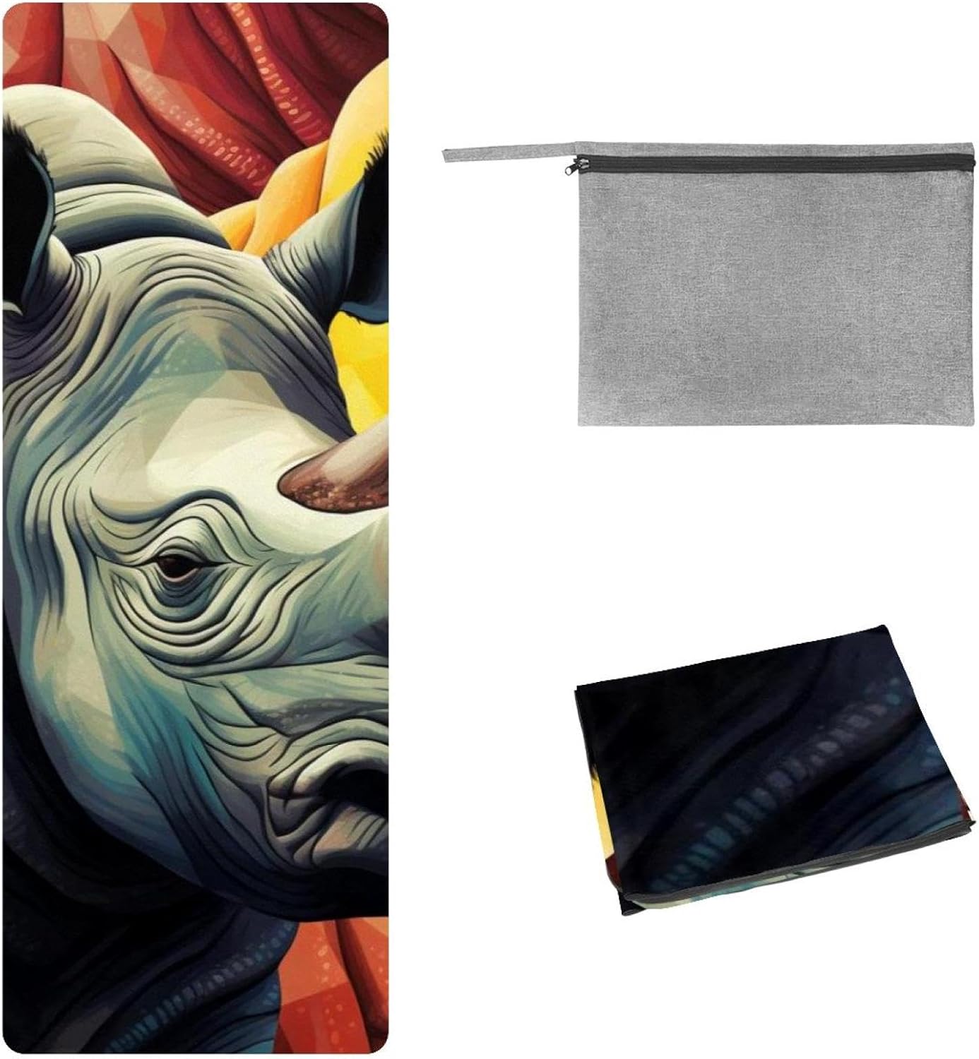 Yoga Towel, Rhino Animal Print Non Slip Sweat Absorbent Hot Yoga Mat Towel for Hot Yoga, Pilates and Fitness - 72.8" x 26.8"