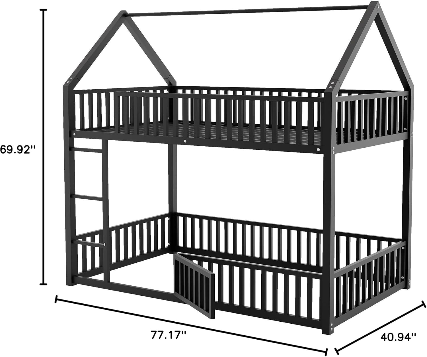 Twin Over Twin Bunk Bed with Door and Fence for Girls, Boys,Metal House Bed Frame w/Guardrail,Ladder for Teenagers Kids Bedroom,Space Saving Design, No Box Spring Needed,Black