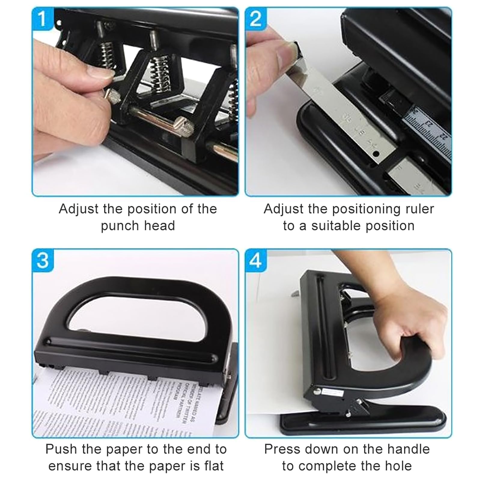 Perforatore per carta a 4 fori, regolabile, nero, 30 pagine, strumento di punzonatura manuale, per scuola, ufficio, raccoglitore, documenti, cancelleria