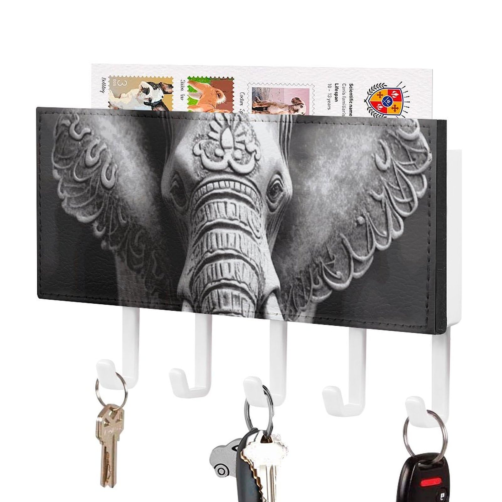 JTREHY Gray Elephant Holder Wall-Mounted Key and Mail Holder,Key Rack with 5Keys Hooks, Easy to Install Mail Organizer for Entryway, Front Door, Hallway, Office