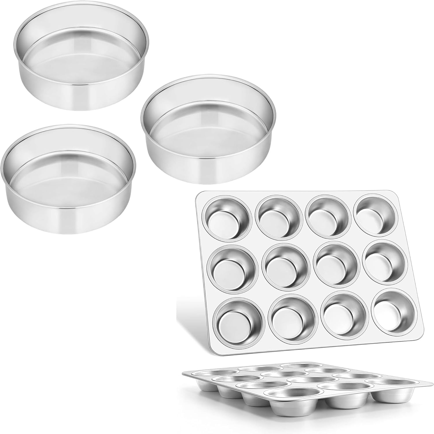 E-far 6 Inch Cake Pan Set of 3 and 2-Piece Muffin Pan 12-Cup, Stainless Steel Round Smash Cake Baking Pans Tins, Non-Toxic & Healthy, Mirror Finish & Dishwasher Safe