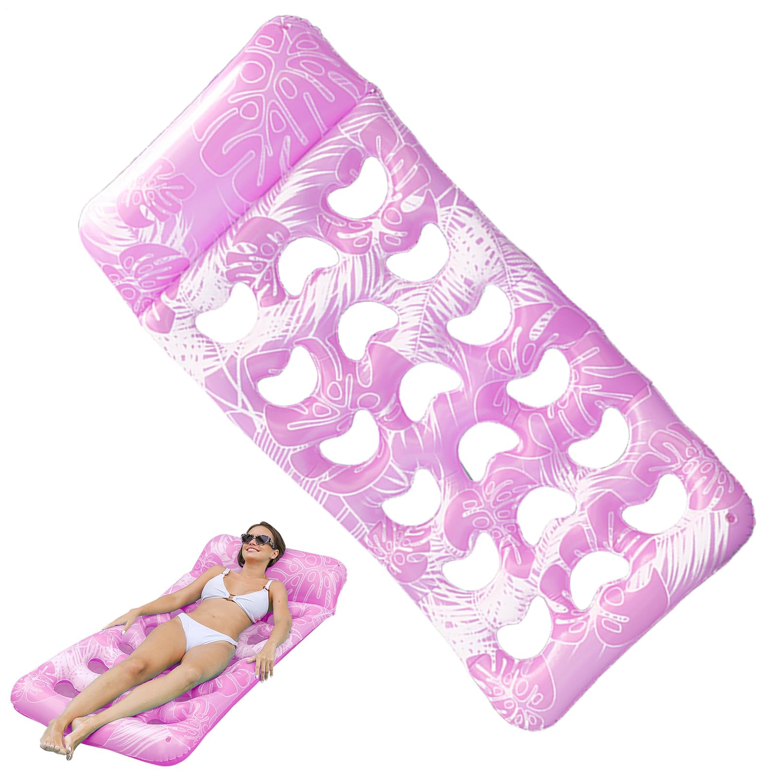 Inflatable Pool Float,Inflatable Pool Lounger Float With Headrest | Waterproof Leaf Pattern Design Floating Rafts For Swimming Amusement Park Traveling Backyard Party