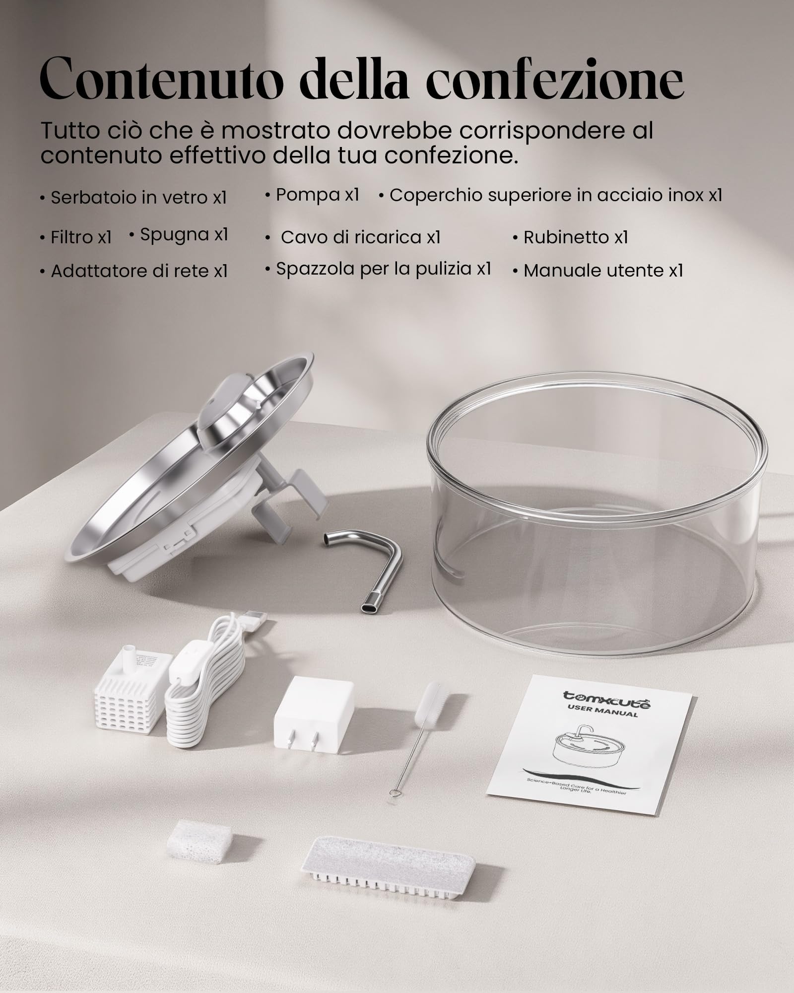 Tomxcute Fontana per Gatti e Cani Piccoli in Vetro 3,2 L, Silenziosa | Controllo facile del livello dell'acqua, design con rubinetto e facile manutenzione