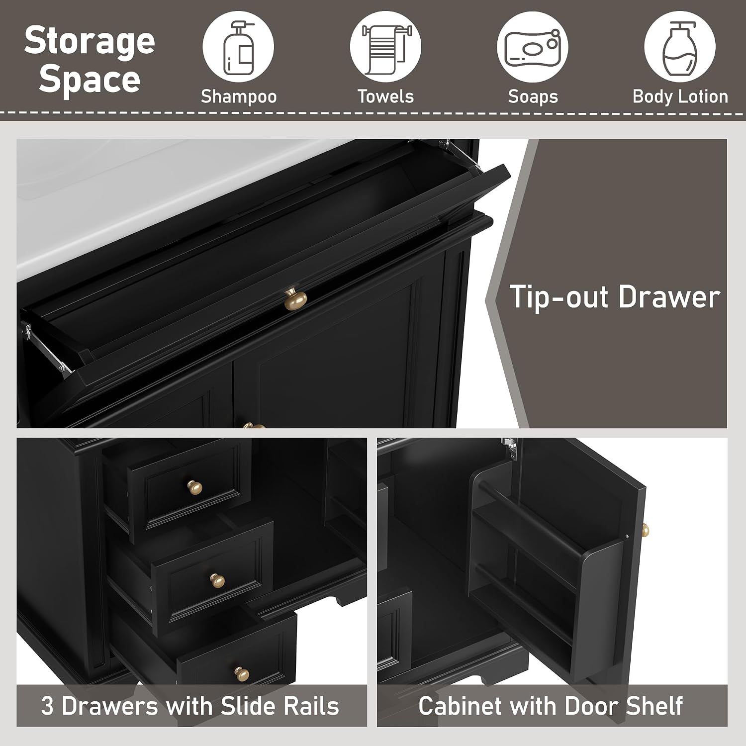 Christopher Knight Home Silane 30" Bathroom Vanity with Ceramic Sink, Freestanding Wooden Bathroom Vanity Organizer, Soft Closing Door Bathroom Storage Cabinet with Drawer, Black