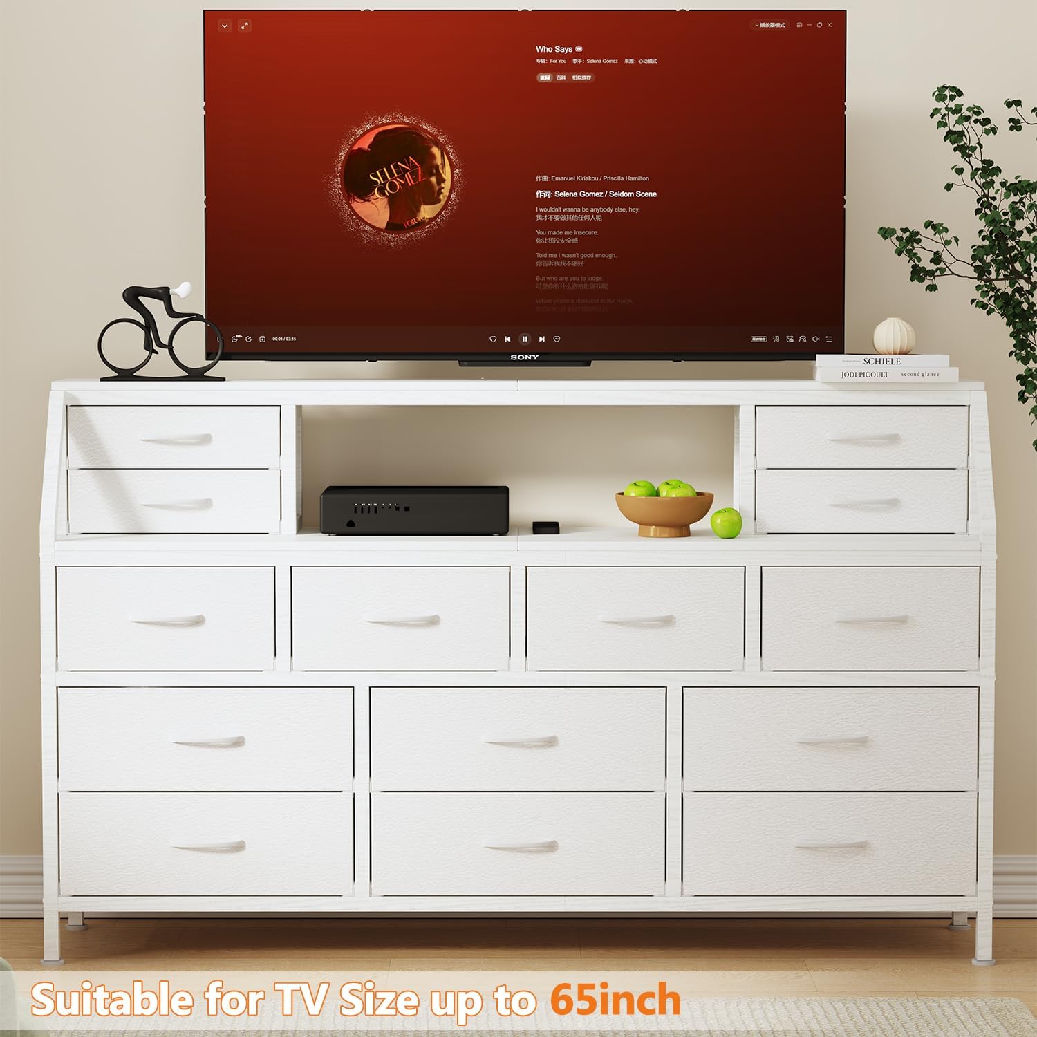 Dresser for Bedroom, 55" TV Stand with 14 Drawers, Long Dresser & Chests of Drawers with Shelves & Sturdy Metal Frame & Wood Top (White)